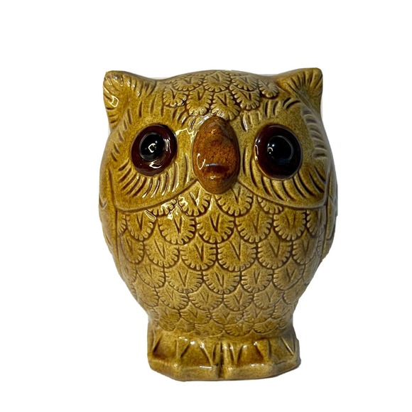 Vintage Mid Century Modern Owl Collection Figurines Set Three Brown & Yellow - Picture 12 of 16